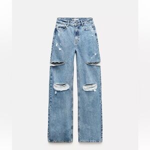 Zara Light Blue Distressed Wide Leg Jeans